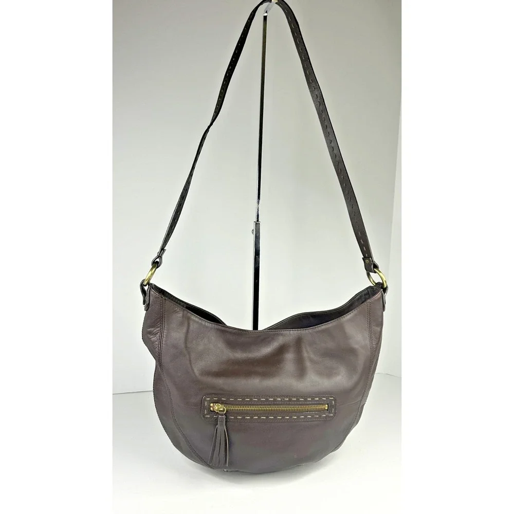 Sigrid Olsen Brown Leather Large Hobo Bag Crecent Shoulder Purse Tassel VTG Y2k